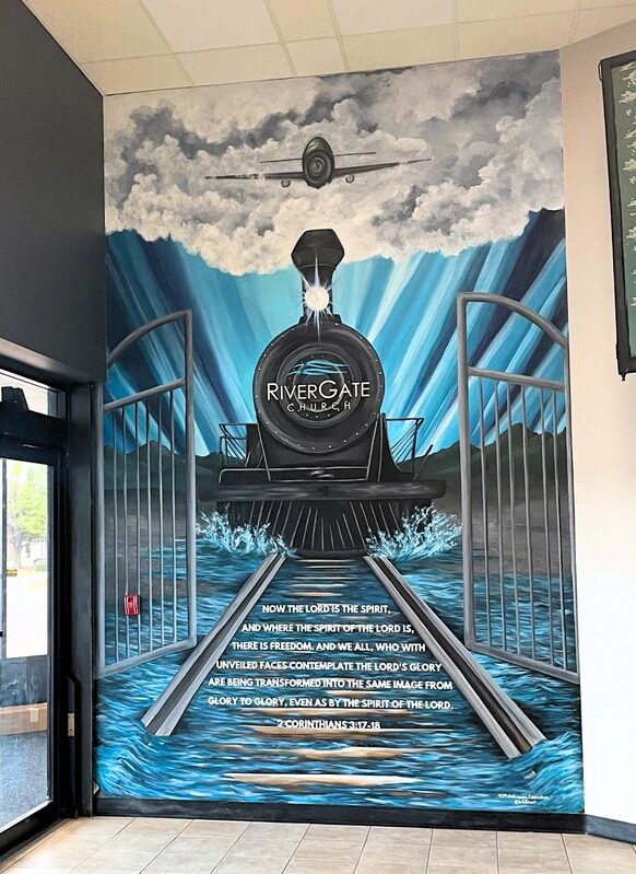 The completed River Gate Church lobby mural